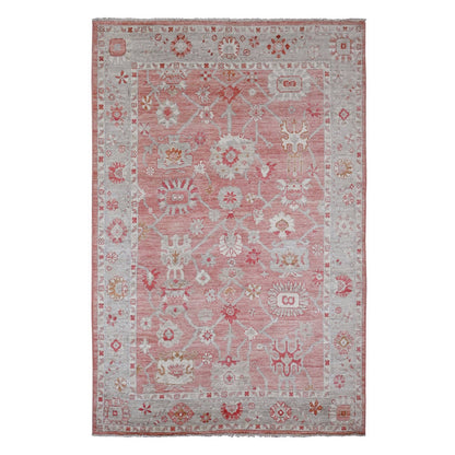 6'2"X9'1" Pink Afghan Angora Oushak Leaf Pattern Hand Knotted Wool Rug