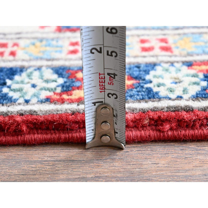 3'9"X5'3" Red Kazak With Geometric Medallions Design Hand Knotted Wool Rug