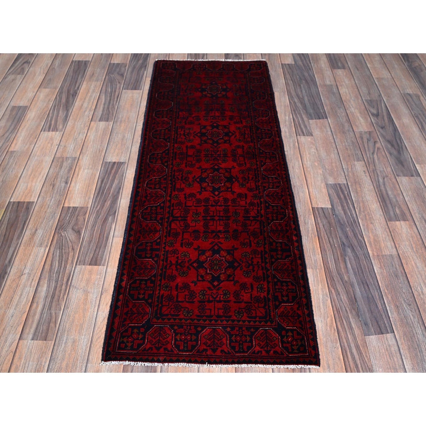 1'10"X5'1" Red Afghan Khamyab Geometric Hand Knotted Soft Wool Runner Rug