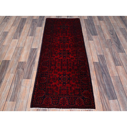 1'10"X5'1" Red Afghan Khamyab Geometric Hand Knotted Soft Wool Runner Rug