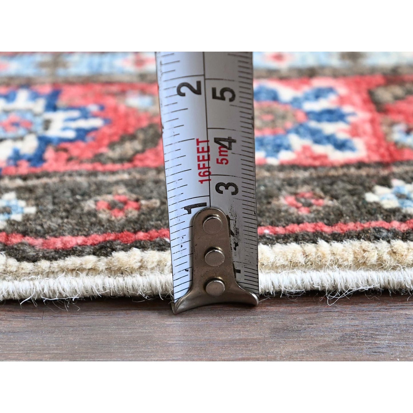 1'10"X6' Ivory Kazak With Tribal Design Hand Knotted Soft Wool Runner Rug