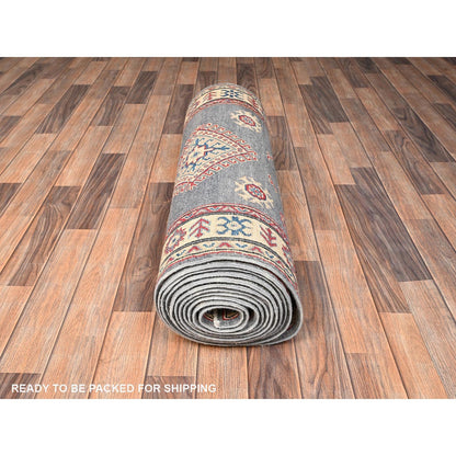 3'X18'7" Gray Kazak With Geometric Design Hand Knotted Rug Wool Runner