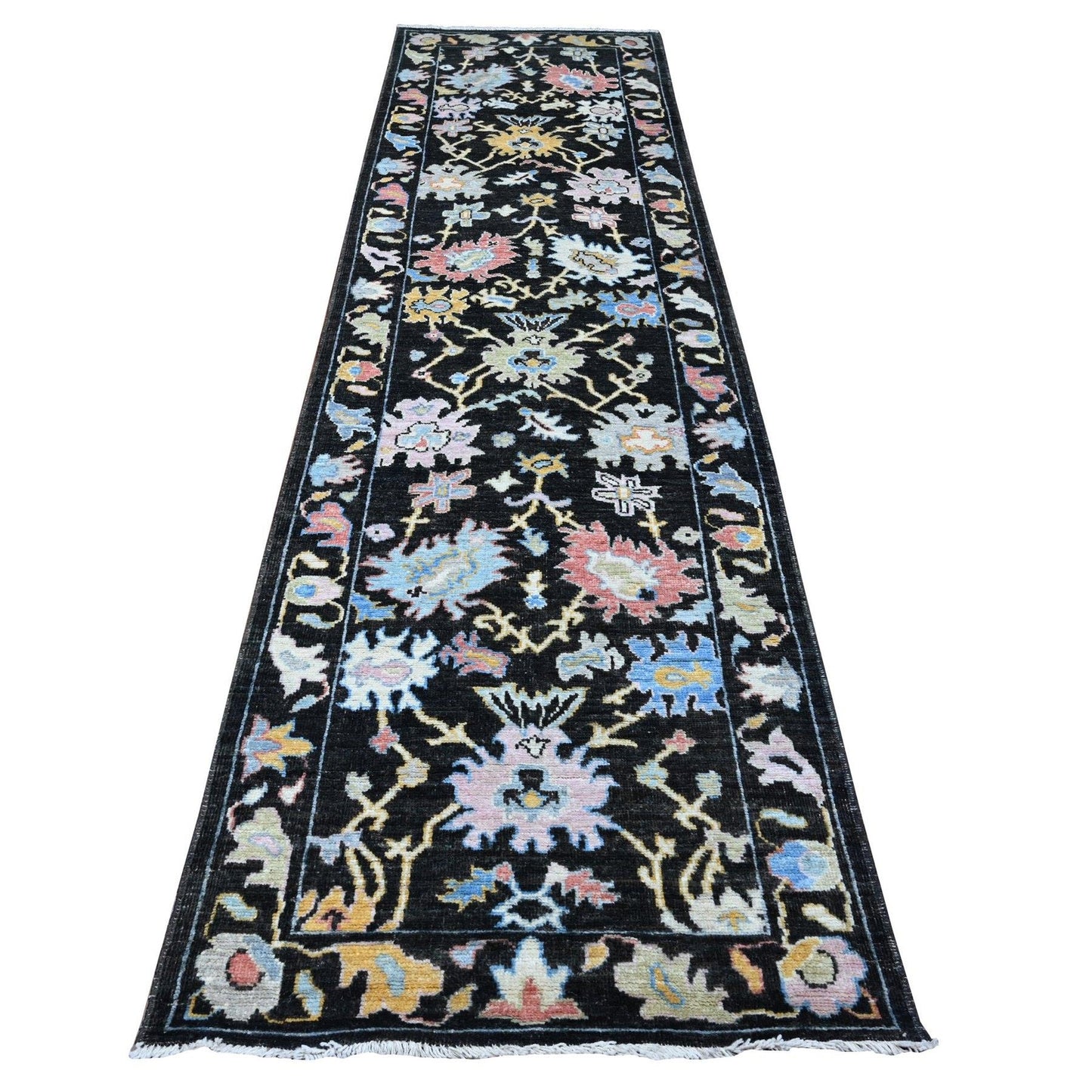 3'1"X11'6" Raisin Black Hand Knotted Angora Oushak Runner Oriental Rug