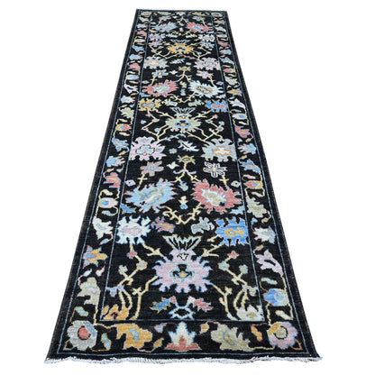 3'1"X11'6" Raisin Black Hand Knotted Angora Oushak Runner Oriental Rug