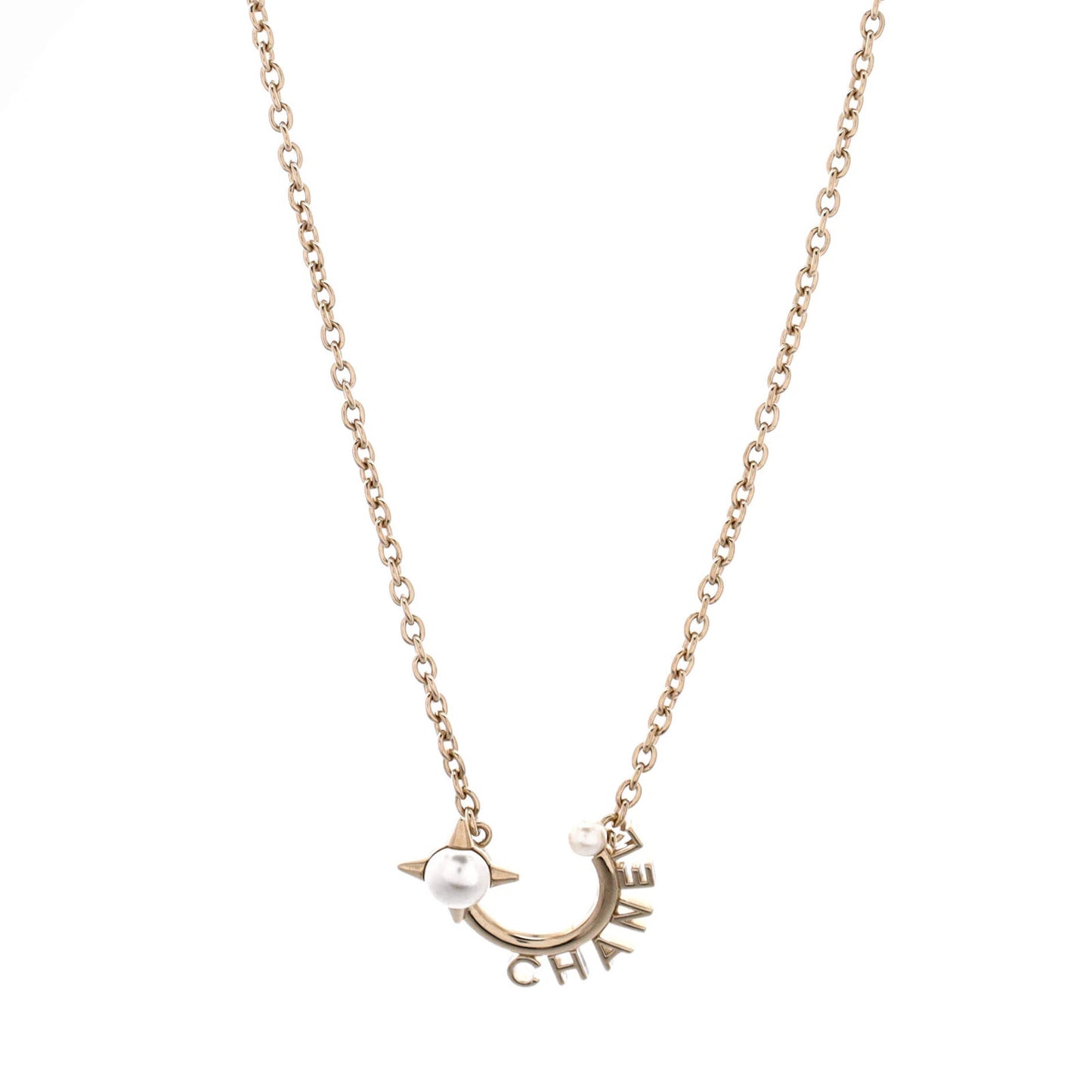 Chanel Logo Semicircle Pendant Short Necklace Metal With Faux Pearls