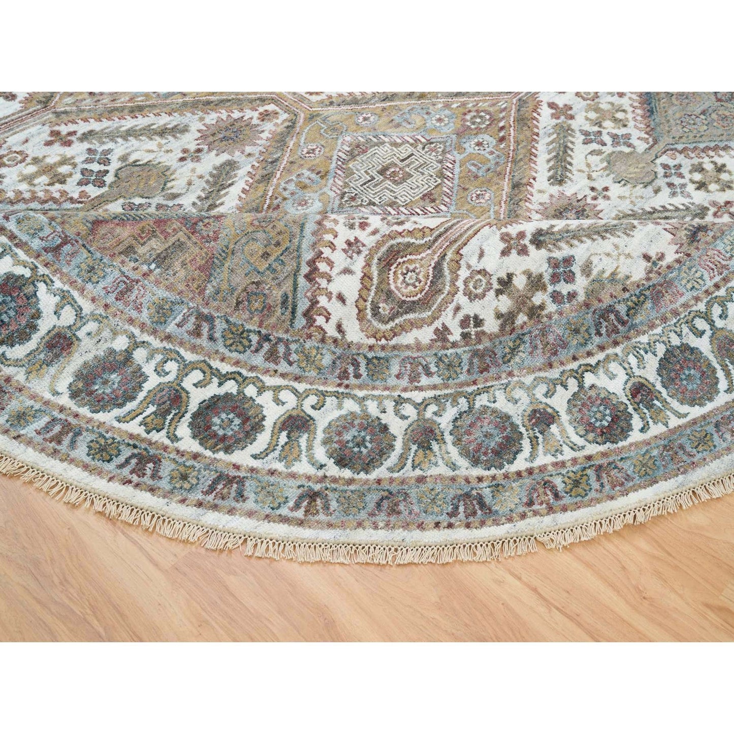 9'9"X9'9" Ivory Hand Knotted Flower Rosettes Border Round Oriental Rug