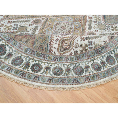 9'9"X9'9" Ivory Hand Knotted Flower Rosettes Border Round Oriental Rug