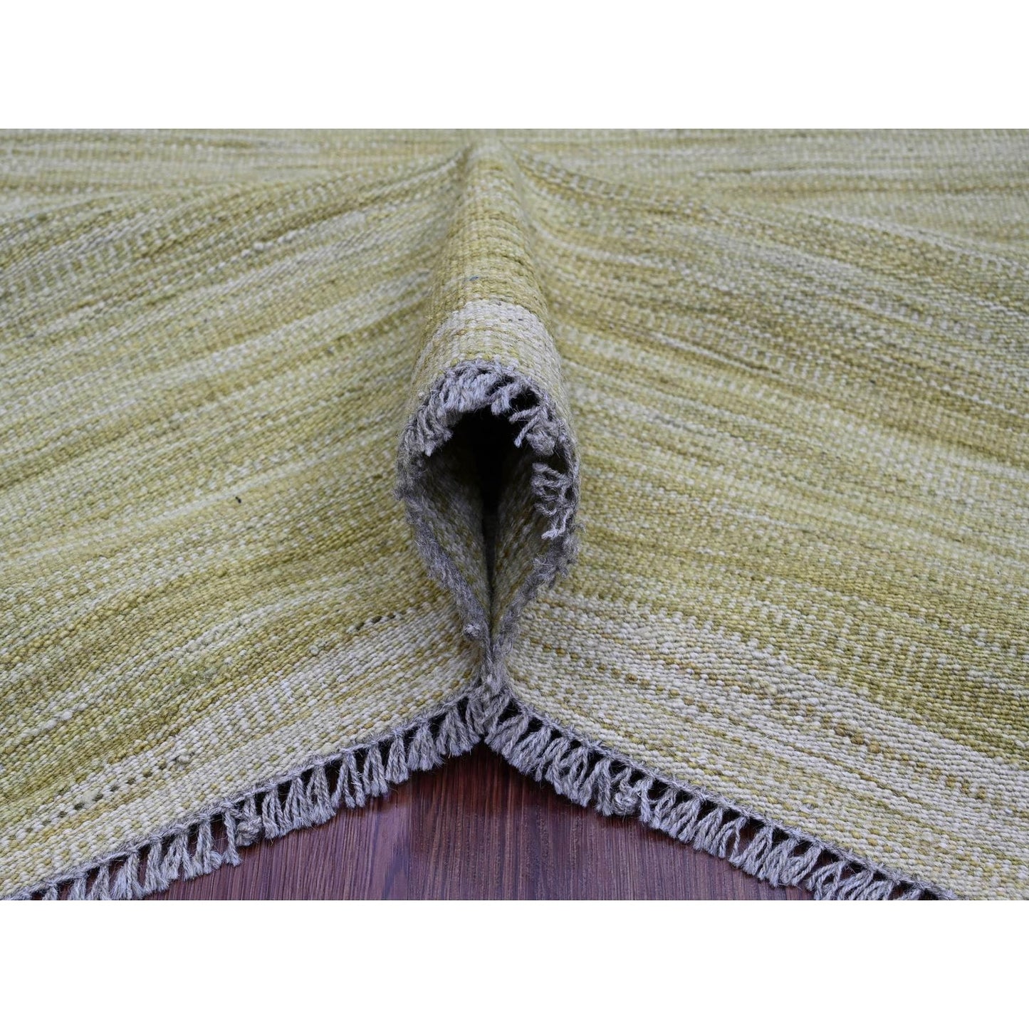 8'8"X12' Green Solid Design Hand Woven Hand Spun Wool Flat Weave Rug