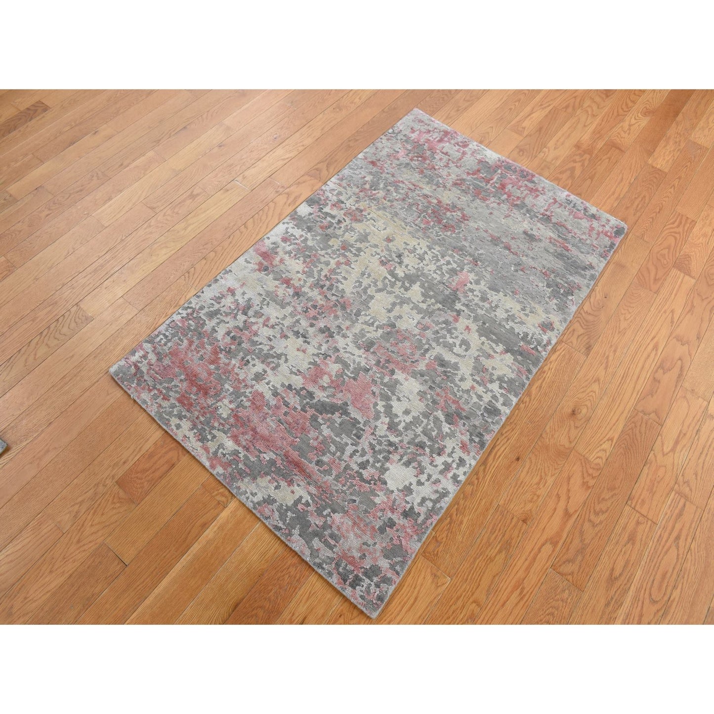 3'X4'9" Pink Abstract Design Wool And Silk Hand Knotted Rug