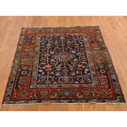 4'6"X5'6" Blue Antique Zoroastrian Heris Wide Serapi Borders Oriental Rug