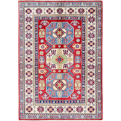 4'X5'8" Arsenal Red Kazak With Geometric Design Hand Knotted Soft Wool Rug