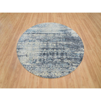 7'X7' Blue Gray Wool & Silk Hand Knotted Abstract Round Oriental Rug