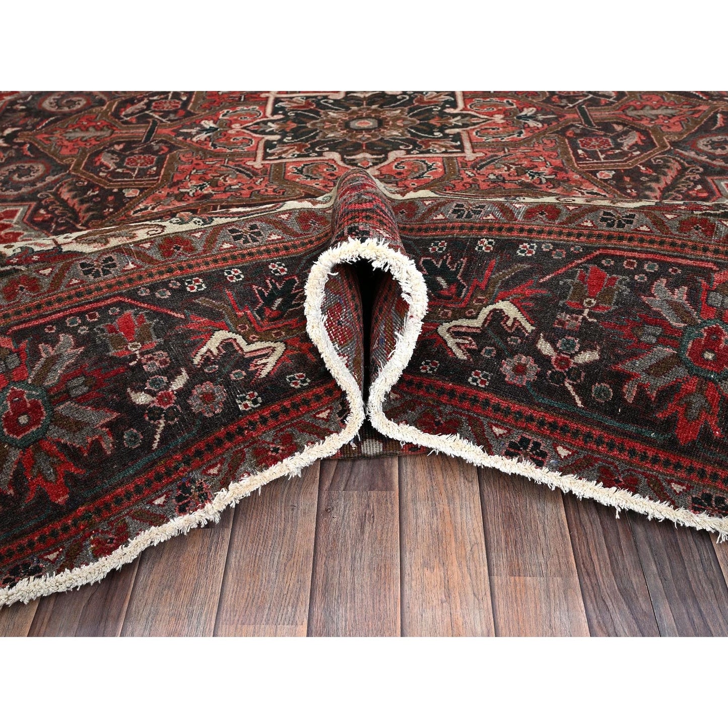 10'X12'3" Red Vintage And Worn Zoroastrian Heris Hand Knotted All Wool Rug