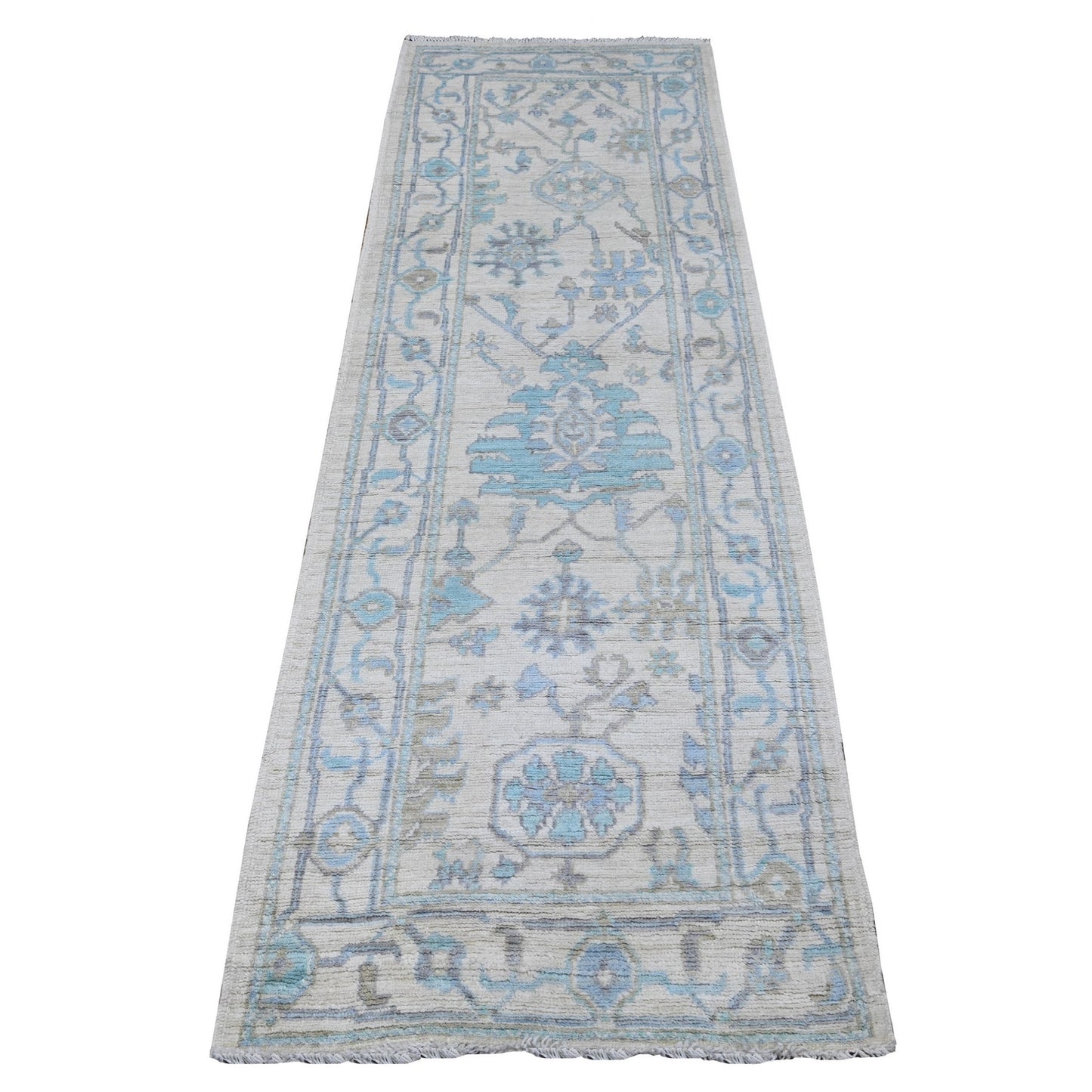 2'7"X8' Wisp White Rural Flower Design Angora Oushak Oriental Runner Rug