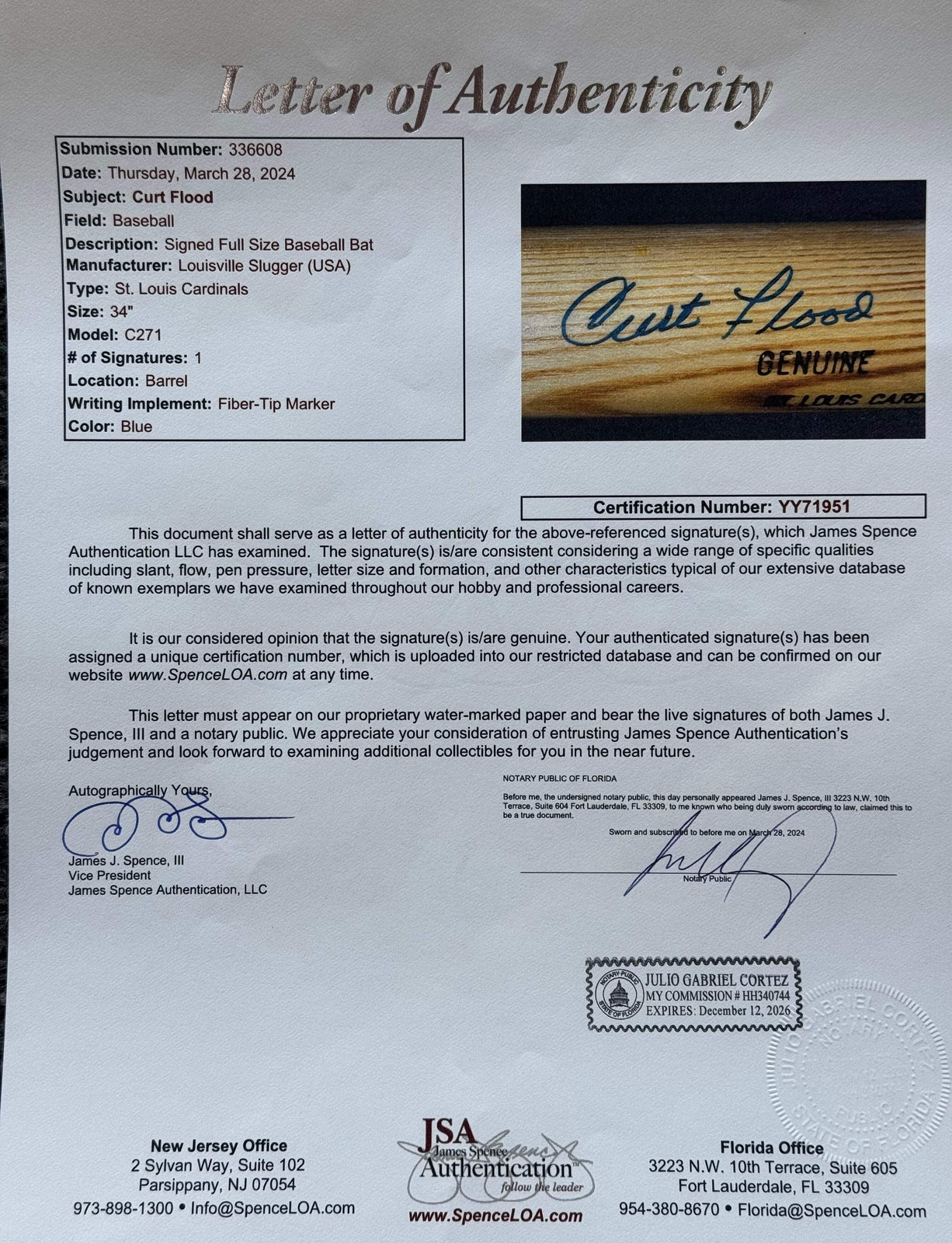 Curt Flood Autographed Louisville Slugger Bat C271 (Jsa)