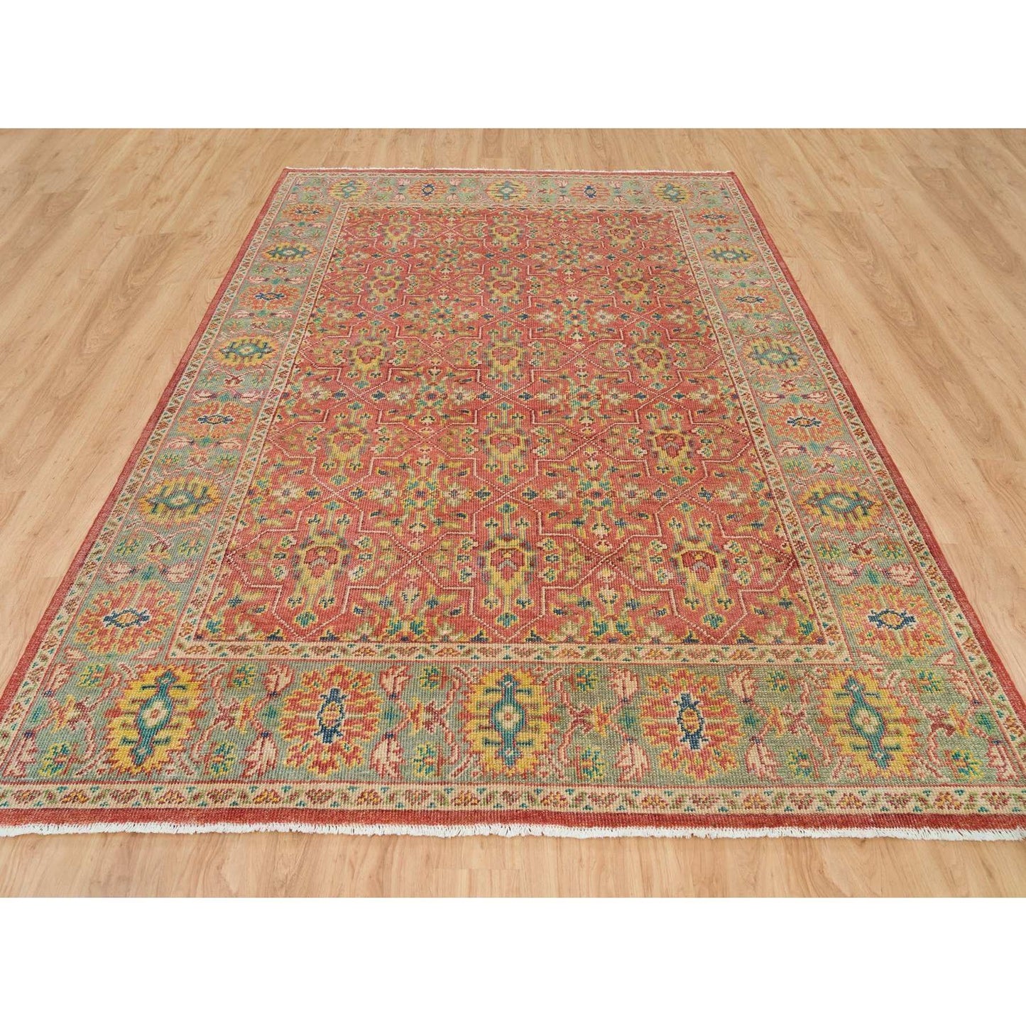 9'X11'9" Red Hand Knotted Antiqued Oushak Design Soft Wool Oriental Rug