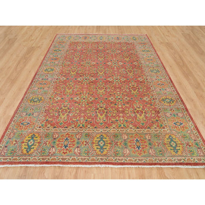 9'X11'9" Red Hand Knotted Antiqued Oushak Design Soft Wool Oriental Rug