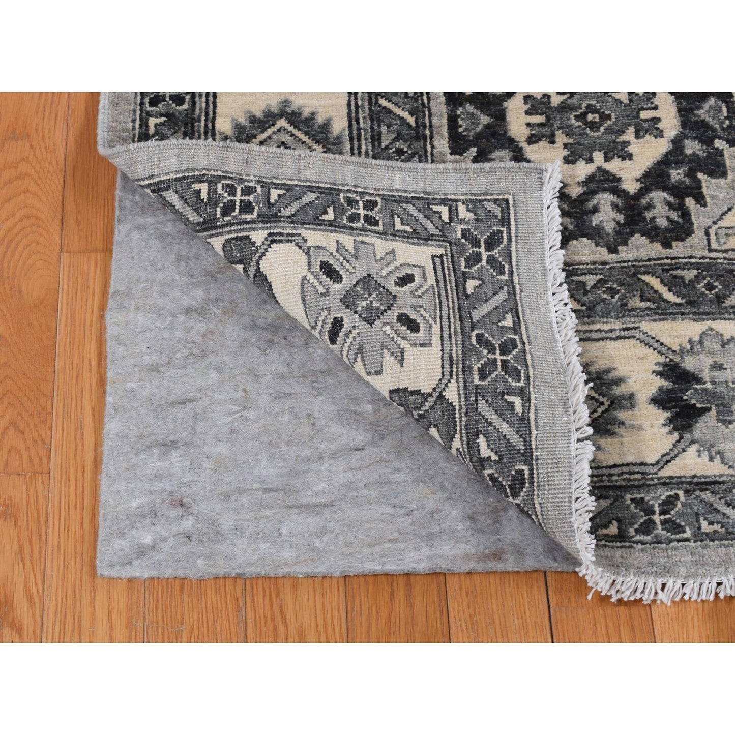 6'2"X9'2" Gray Pure Wool Hand Knotted Peshawar With Karjihooz Design Rug