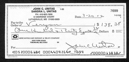 Johnny Unitas Hof Signed/Autographed 2002 Bank Check Baltimore Colts Jsa 199043