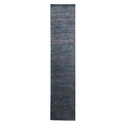 2'7"X12'3" Denim Blue Grass Design Wool And Silk Hand Knotted Runner Rug