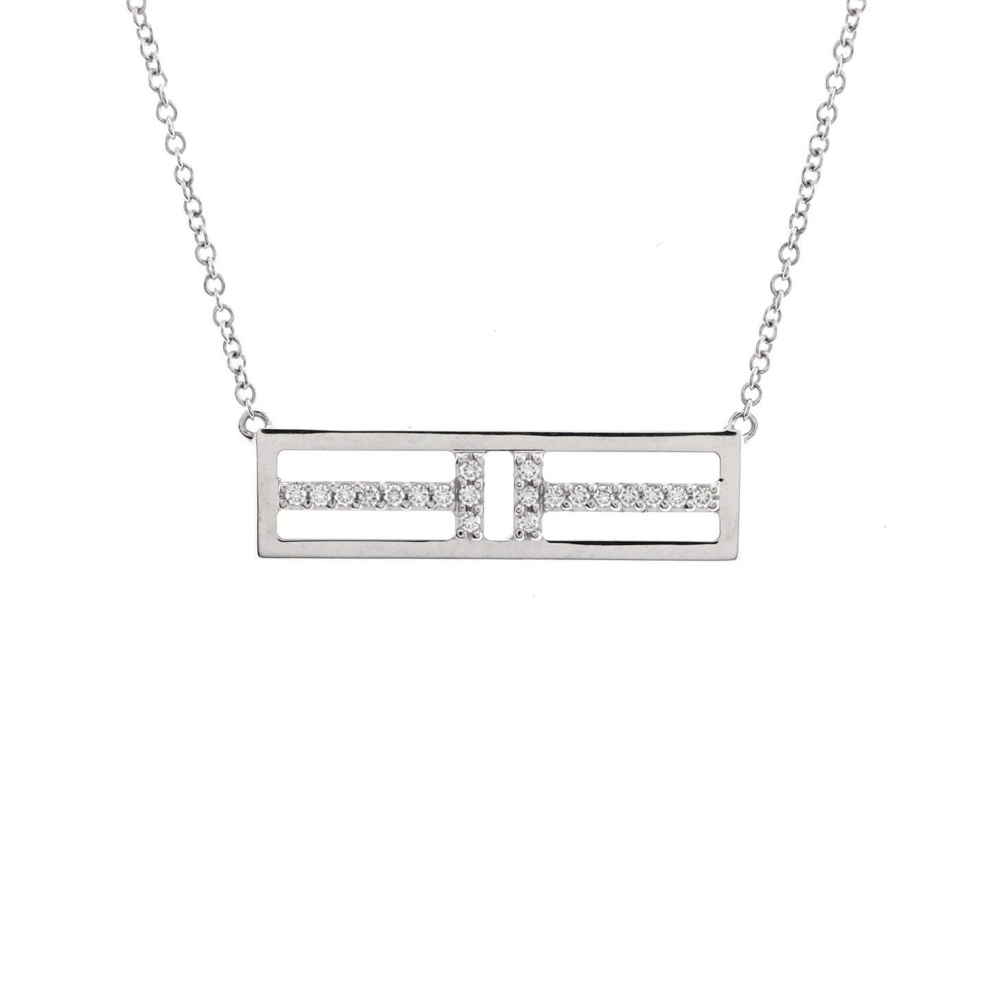 Tiffany & Co. T Open Horizontal Bar Pendant Necklace 18K White Gold With Diamond