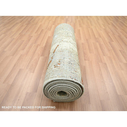 2'7"X13' Gray With Beige All Wool Abstract Design Hand Knotted Runner Rug