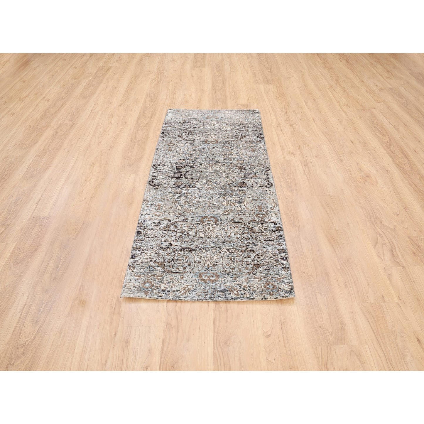 2'6"X6' Gray, Modern, Silk With Textured Wool, Hand Knotted, Runner Rug