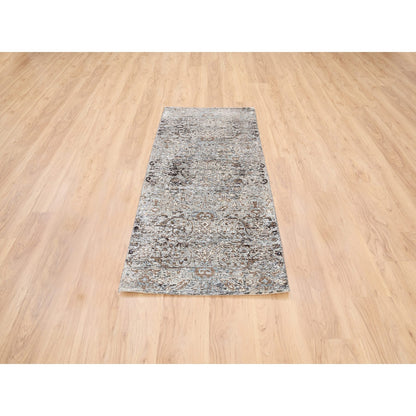 2'6"X6' Gray, Modern, Silk With Textured Wool, Hand Knotted, Runner Rug