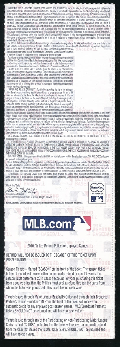 2010 Nlds Game 1 Phillies Vs. Reds Full Ticket