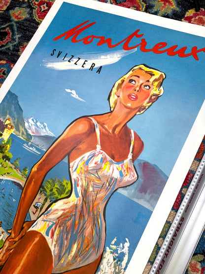 Swiss Travel Poster Montreux By Pierre Brenot C1950 View Mont Blanc Lake Geneva