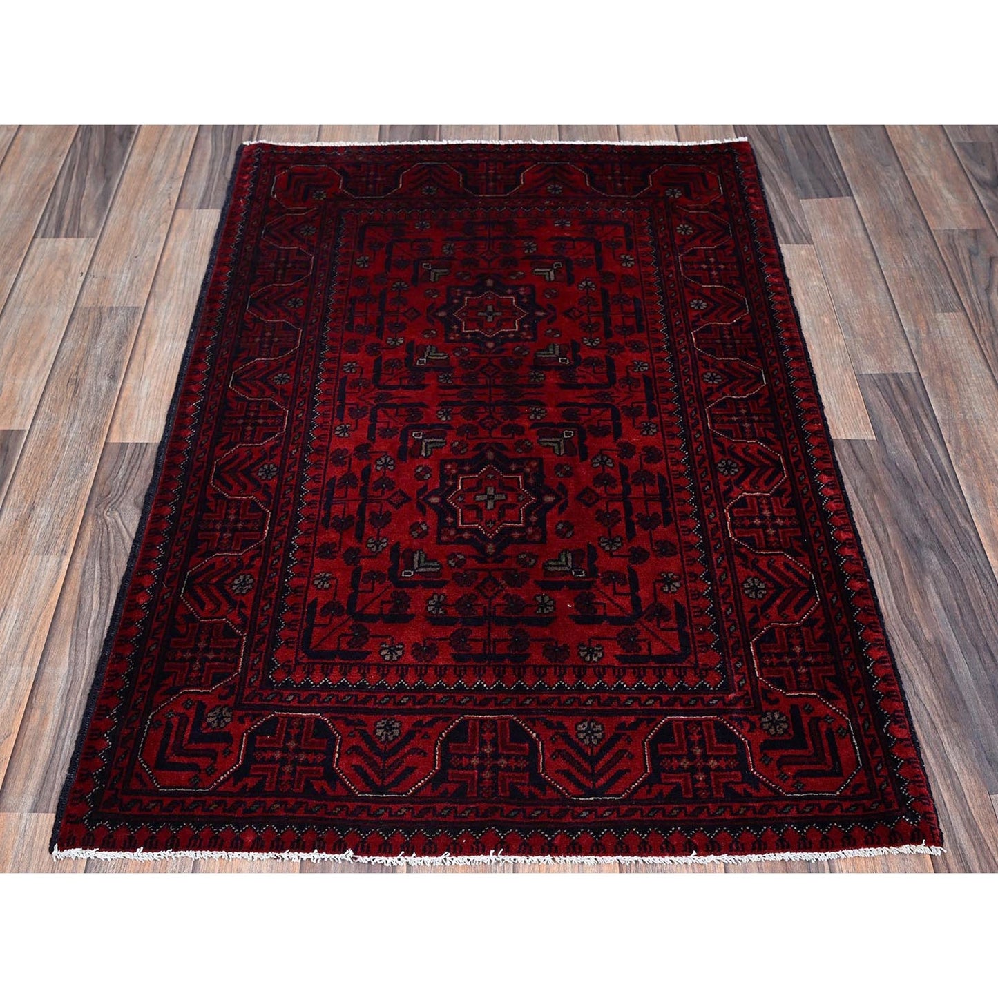 2'8"X4' Red Afghan Khamyab Geometric Design Hand Knotted Wool Sample Rug