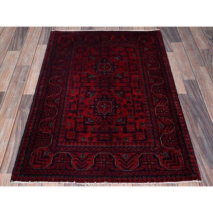 2'8"X4' Red Afghan Khamyab Geometric Design Hand Knotted Wool Sample Rug