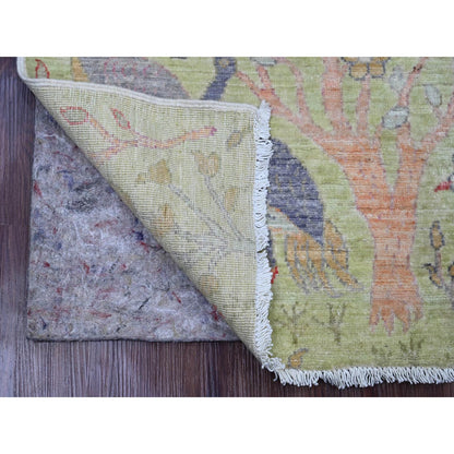 2'4"X7'9" Green Hand Knotted Afghan Peshawar Birds Design Wool Runner Rug