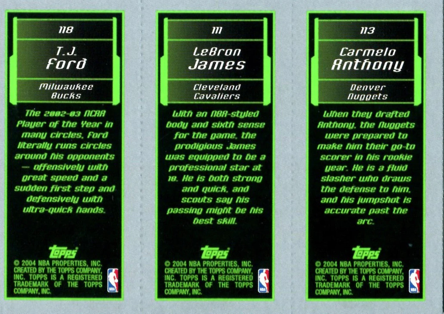 Lebron James, Carmelo Anthony, & T.J. Ford 2004 Topps Unsigned M3 Card
