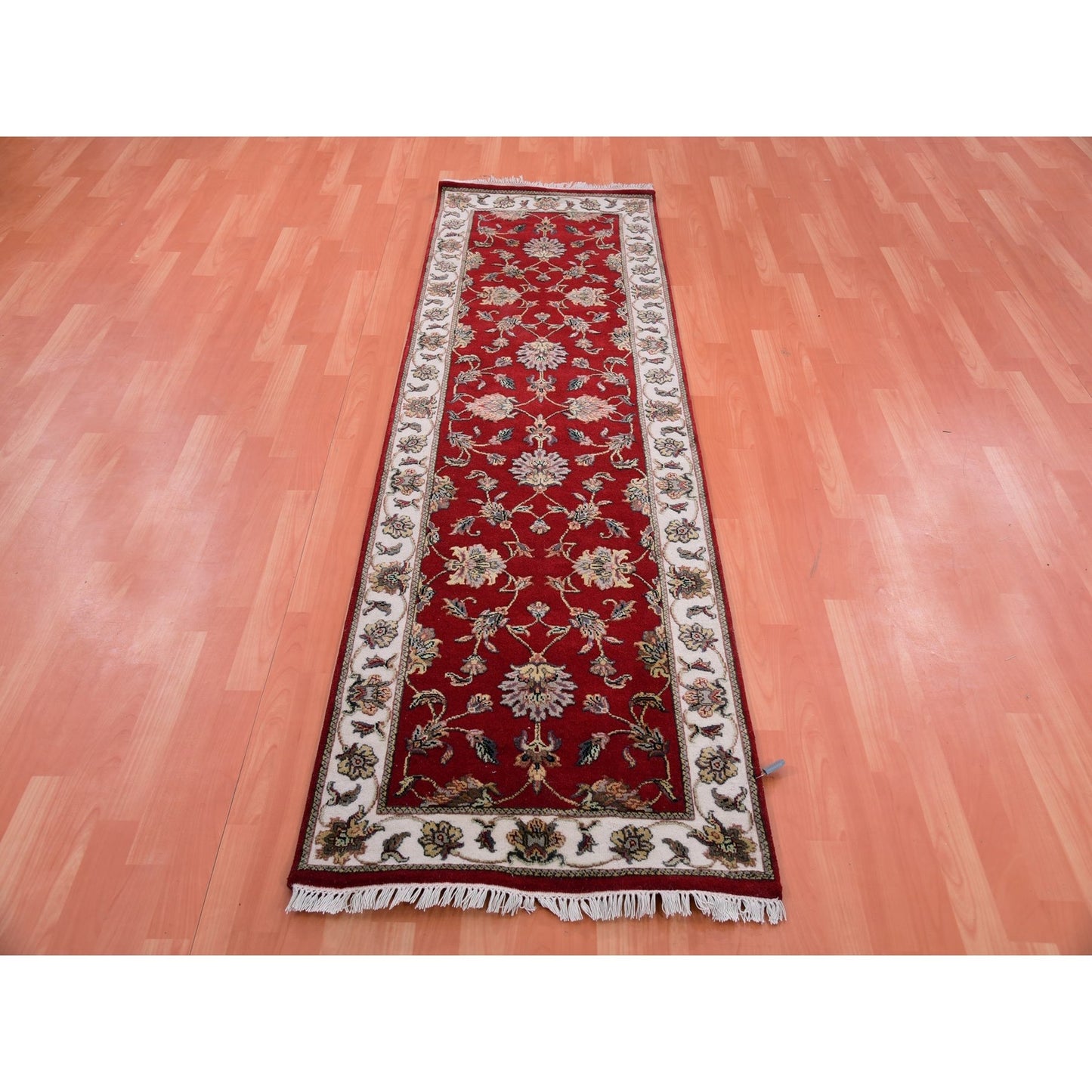 2'6"x8'2" Red Wool and Silk Hand Knotted Rajasthan Design Runner Rug
