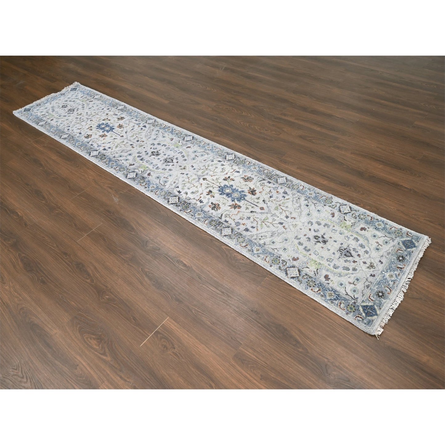 2'6"X11'9" Ivory Oushak With Floral Motifs Hand Knotted Wool Runner Rug