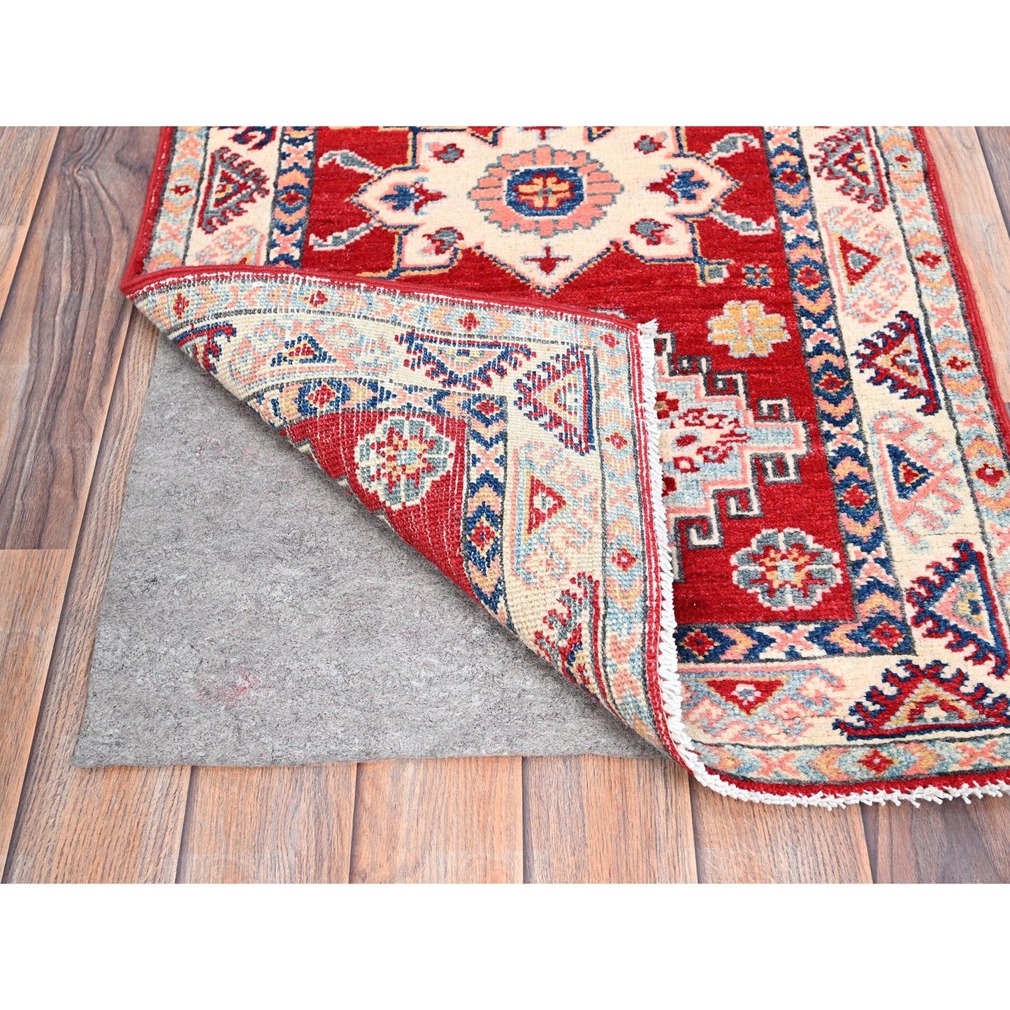 2'1"X5'6" Red Kazak Geometric Medallion Motifs 100% Wool Hand Knotted Rug