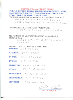 Billy Pierce Autographed Hand Filled Out Survey Page