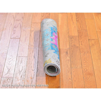 2'1"x3' Sari Silk with Textured Wool Oushak Influence Handknotted Mat Rug
