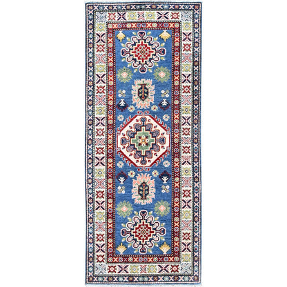 2'7"X6'7" Blue Kazak With Tribal Design Hand Knotted Soft Wool Runner Rug