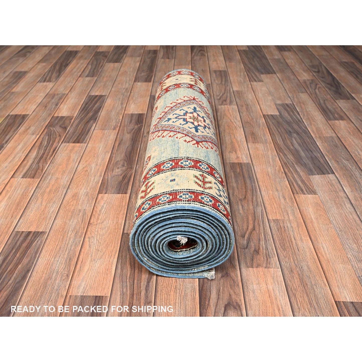 2'9"X13'7" Ivory Kazak With Geometric Design Hand Knotted Rug Wool Runner