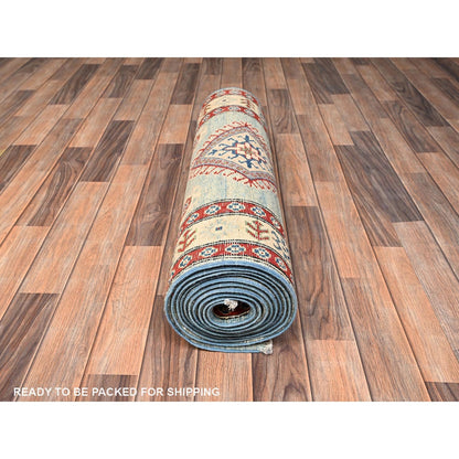 2'9"X13'7" Ivory Kazak With Geometric Design Hand Knotted Rug Wool Runner