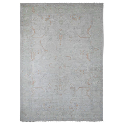 9'7"X13'6" White Afghan Angora Oushak Vines Design Wool Hand Knotted Rug