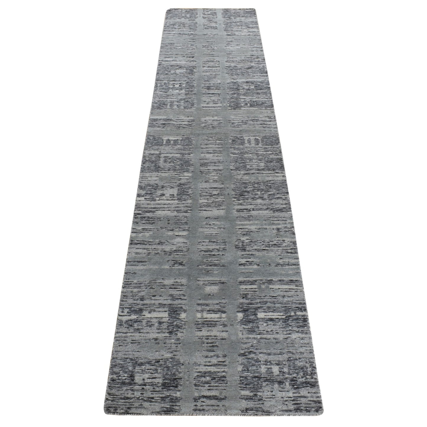 2'7"X12'1" Gray Undyed Natural Wool Modern Hand Knotted Runner Rug