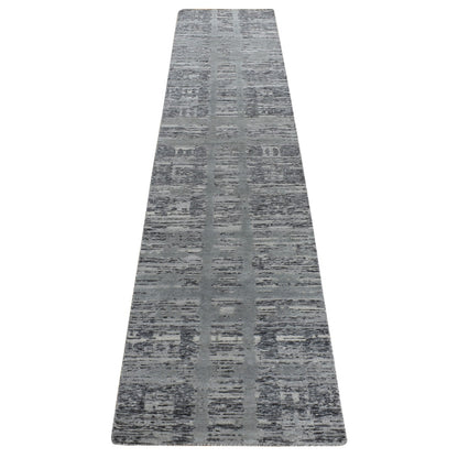 2'7"X12'1" Gray Undyed Natural Wool Modern Hand Knotted Runner Rug