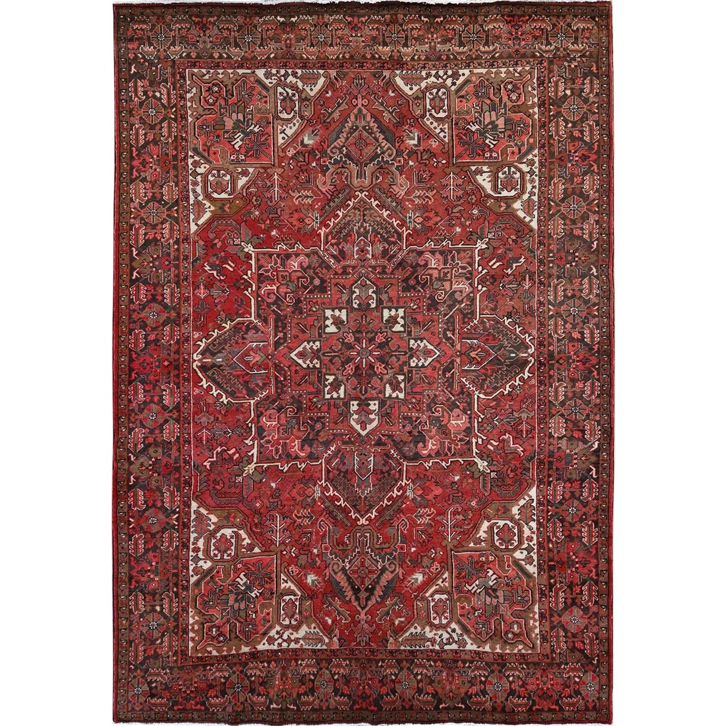 8'6'X11'4" Cherry Red Vintage Zoroastrian Heris Pure Wool Hand Knotted Rug