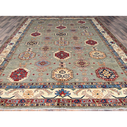 8'10"X11'9" Wrought Iron Gray Soft Pure Wool Hand Knotted Super Kazak Rug