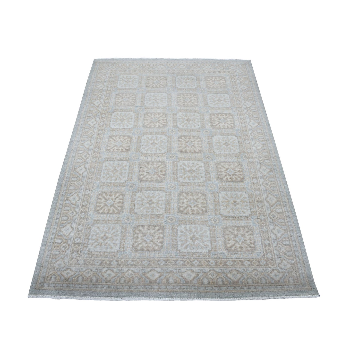 4'1"X6'1" White Wash Peshawar Mahal Design Pure Wool Hand Knotted Rug