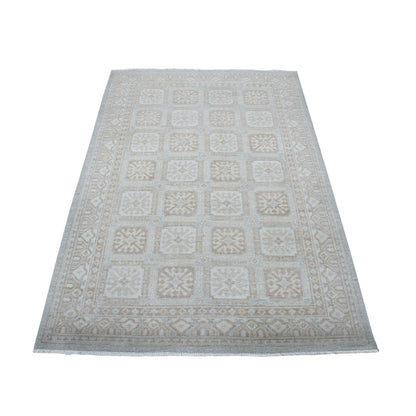 4'1"X6'1" White Wash Peshawar Mahal Design Pure Wool Hand Knotted Rug