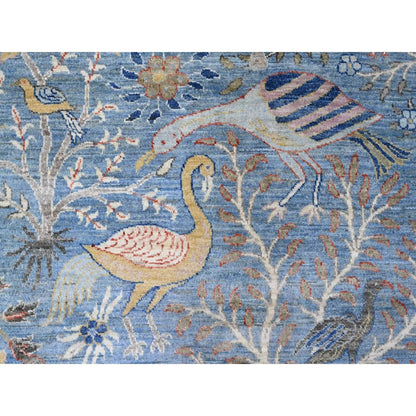 8'X10'1" Yonder Blue Afghan Peshawar Birds Design Hand Knotted Wool Rug